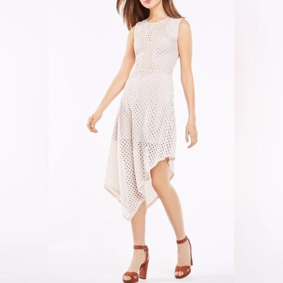 BCBG Max Azria Tracie Asymmetrical Hi Lo Lace Dress  Bare Pink Nude Sz Small - Picture 3 of 9